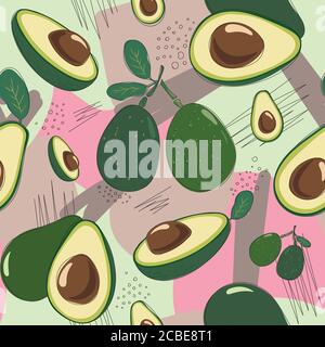 Vector seamless pattern with fresh green avocado. Hand drawn illustration. Trendy design for summer fashion textile prints and backgrounds. Vegetarian Stock Vector