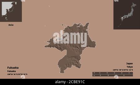 Shape of Fukuoka, prefecture of Japan, and its capital. Distance scale, previews and labels. Colored elevation map. 3D rendering Stock Photo