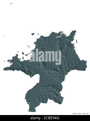 Shape of Fukuoka, prefecture of Japan, with its capital isolated on white background. Colored elevation map. 3D rendering Stock Photo