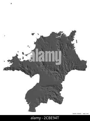 Shape of Fukuoka, prefecture of Japan, with its capital isolated on white background. Bilevel elevation map. 3D rendering Stock Photo