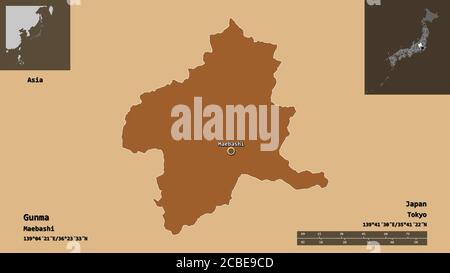 Shape of Gunma, prefecture of Japan, and its capital. Distance scale, previews and labels. Composition of patterned textures. 3D rendering Stock Photo