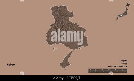 Shape of Hyōgo, prefecture of Japan, with its capital isolated on solid background. Distance scale, region preview and labels. Colored elevation map. Stock Photo