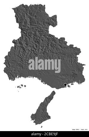 Shape of Hyōgo, prefecture of Japan, with its capital isolated on white background. Bilevel elevation map. 3D rendering Stock Photo