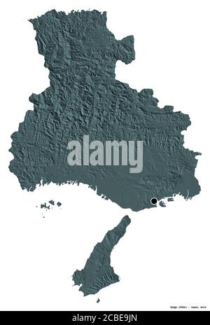 Shape of Hyōgo, prefecture of Japan, with its capital isolated on white background. Colored elevation map. 3D rendering Stock Photo