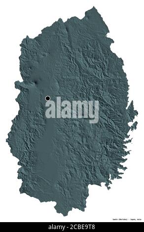 Shape of Iwate, prefecture of Japan, with its capital isolated on white background. Colored elevation map. 3D rendering Stock Photo