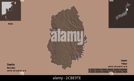 Shape of Iwate, prefecture of Japan, and its capital. Distance scale, previews and labels. Colored elevation map. 3D rendering Stock Photo