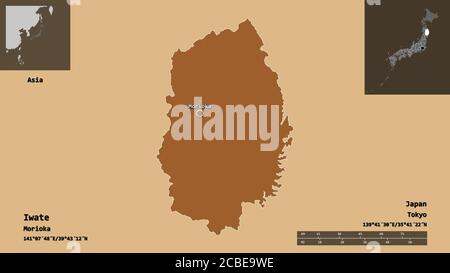 Shape of Iwate, prefecture of Japan, and its capital. Distance scale, previews and labels. Composition of patterned textures. 3D rendering Stock Photo