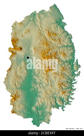 Shape of Iwate, prefecture of Japan, with its capital isolated on white background. Topographic relief map. 3D rendering Stock Photo