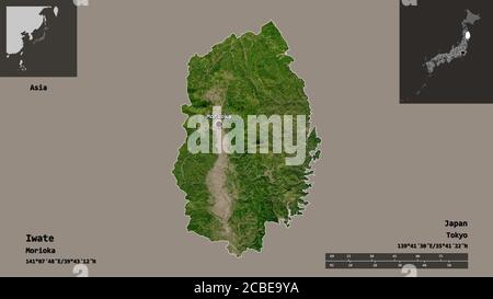 Shape of Iwate, prefecture of Japan, and its capital. Distance scale, previews and labels. Satellite imagery. 3D rendering Stock Photo