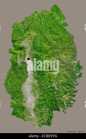 Shape of Iwate, prefecture of Japan, with its capital isolated on a solid color background. Satellite imagery. 3D rendering Stock Photo