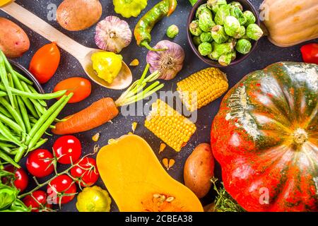 Autumn cooking background. Organic autumn harvest vegetables, raw vegan ingredients for cooking traditional thanksgiving and fall food on dark backgro Stock Photo