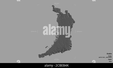 Area of Osaka, urban prefecture of Japan, isolated on a solid background in a georeferenced bounding box. Labels. Bilevel elevation map. 3D rendering Stock Photo