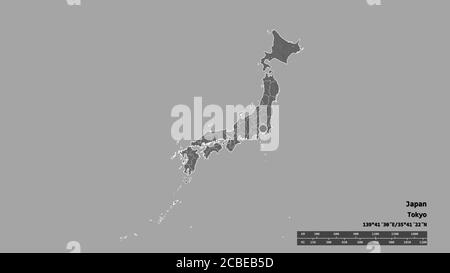 Desaturated shape of Japan with its capital, main regional division and the separated Osaka area. Labels. Bilevel elevation map. 3D rendering Stock Photo