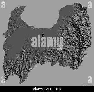 Shape of Toyama, prefecture of Japan, with its capital isolated on a solid color background. Bilevel elevation map. 3D rendering Stock Photo