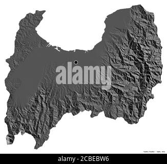 Shape of Toyama, prefecture of Japan, with its capital isolated on white background. Bilevel elevation map. 3D rendering Stock Photo