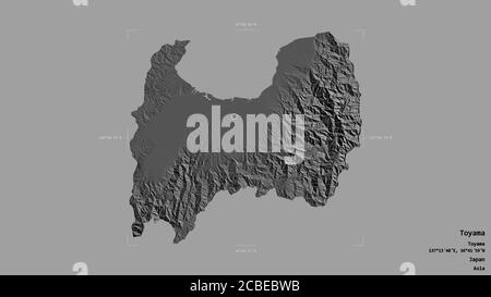 Area of Toyama, prefecture of Japan, isolated on a solid background in a georeferenced bounding box. Labels. Bilevel elevation map. 3D rendering Stock Photo