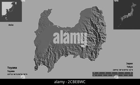 Shape of Toyama, prefecture of Japan, and its capital. Distance scale, previews and labels. Bilevel elevation map. 3D rendering Stock Photo