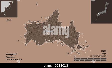 Shape of Yamaguchi, prefecture of Japan, and its capital. Distance scale, previews and labels. Colored elevation map. 3D rendering Stock Photo