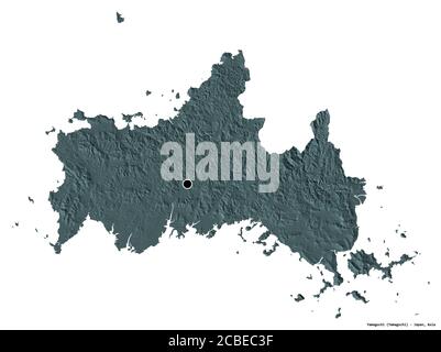 Shape of Yamaguchi, prefecture of Japan, with its capital isolated on white background. Colored elevation map. 3D rendering Stock Photo