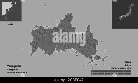 Shape of Yamaguchi, prefecture of Japan, and its capital. Distance scale, previews and labels. Bilevel elevation map. 3D rendering Stock Photo