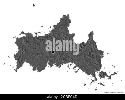Shape of Yamaguchi, prefecture of Japan, with its capital isolated on white background. Bilevel elevation map. 3D rendering Stock Photo