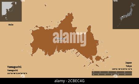 Shape of Yamaguchi, prefecture of Japan, and its capital. Distance scale, previews and labels. Composition of patterned textures. 3D rendering Stock Photo