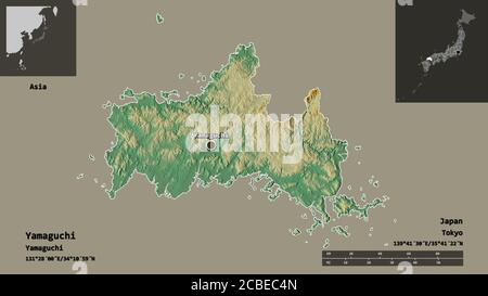 Shape of Yamaguchi, prefecture of Japan, and its capital. Distance scale, previews and labels. Topographic relief map. 3D rendering Stock Photo