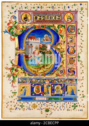 Leaf from a 15th Century Psalter with Historiated Initial 'B' showing King David, illuminated manuscript circa 1450 Stock Photo