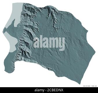 Shape of Karak, province of Jordan, with its capital isolated on white background. Colored elevation map. 3D rendering Stock Photo