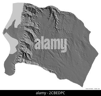 Shape of Karak, province of Jordan, with its capital isolated on white background. Bilevel elevation map. 3D rendering Stock Photo