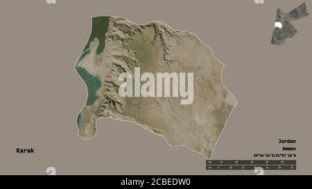 Shape of Karak, province of Jordan, with its capital isolated on solid background. Distance scale, region preview and labels. Satellite imagery. 3D re Stock Photo