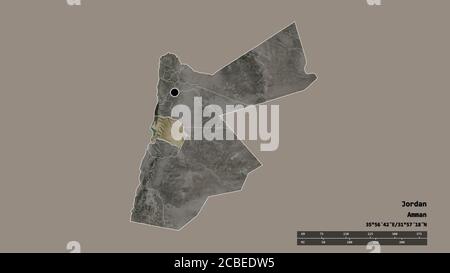 Desaturated shape of Jordan with its capital, main regional division and the separated Karak area. Labels. Satellite imagery. 3D rendering Stock Photo