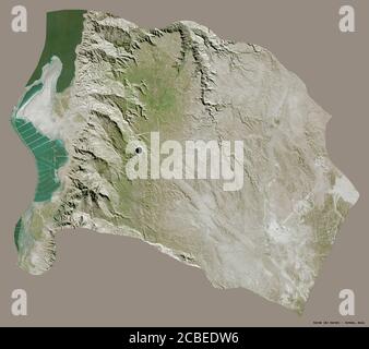 Shape of Karak, province of Jordan, with its capital isolated on a solid color background. Satellite imagery. 3D rendering Stock Photo