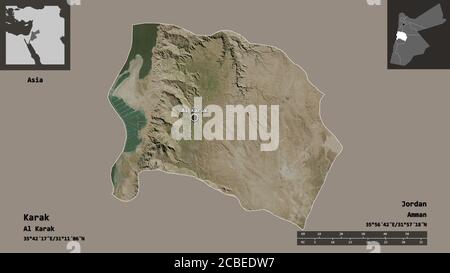 Shape of Karak, province of Jordan, and its capital. Distance scale, previews and labels. Satellite imagery. 3D rendering Stock Photo