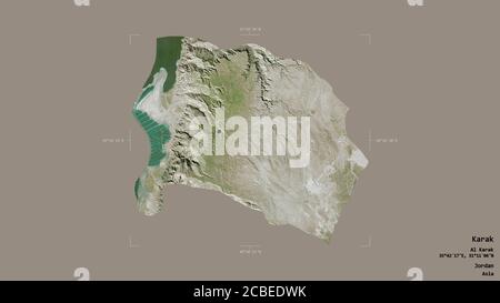 Area of Karak, province of Jordan, isolated on a solid background in a georeferenced bounding box. Labels. Satellite imagery. 3D rendering Stock Photo