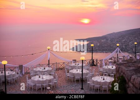Wedding set up on the beach sunset Stock Photo