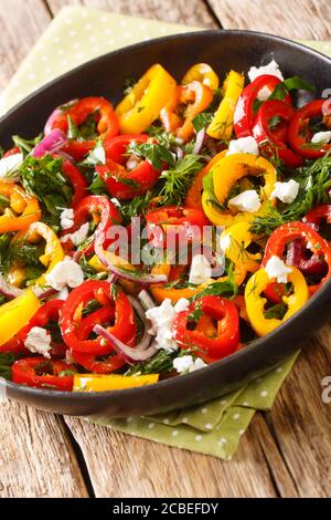 Fresh salad of colored bell peppers with onions and feta cheese close-up in a plate on the table. vertical Stock Photo