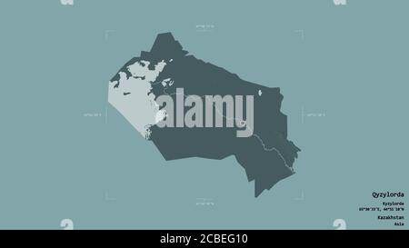 Area of Qyzylorda, region of Kazakhstan, isolated on a solid background in a georeferenced bounding box. Labels. Colored elevation map. 3D rendering Stock Photo