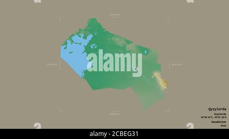 Area of Qyzylorda, region of Kazakhstan, isolated on a solid background in a georeferenced bounding box. Labels. Topographic relief map. 3D rendering Stock Photo