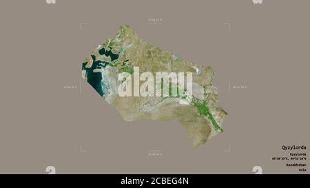 Area of Qyzylorda, region of Kazakhstan, isolated on a solid background in a georeferenced bounding box. Labels. Satellite imagery. 3D rendering Stock Photo