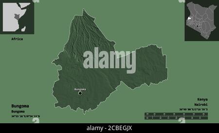 Shape of Bungoma, county of Kenya, and its capital. Distance scale, previews and labels. Colored elevation map. 3D rendering Stock Photo