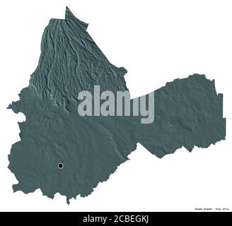 Shape of Bungoma, county of Kenya, with its capital isolated on white background. Colored elevation map. 3D rendering Stock Photo