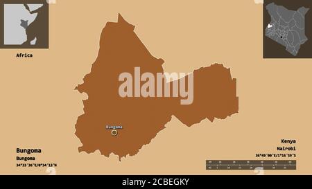 Shape of Bungoma, county of Kenya, and its capital. Distance scale, previews and labels. Composition of patterned textures. 3D rendering Stock Photo