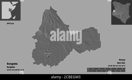 Shape of Bungoma, county of Kenya, and its capital. Distance scale, previews and labels. Bilevel elevation map. 3D rendering Stock Photo