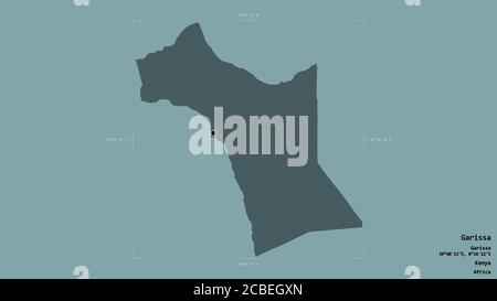 Area of Garissa, county of Kenya, isolated on a solid background in a georeferenced bounding box. Labels. Colored elevation map. 3D rendering Stock Photo