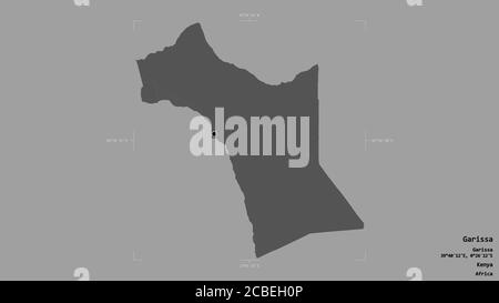 Area of Garissa, county of Kenya, isolated on a solid background in a georeferenced bounding box. Labels. Bilevel elevation map. 3D rendering Stock Photo