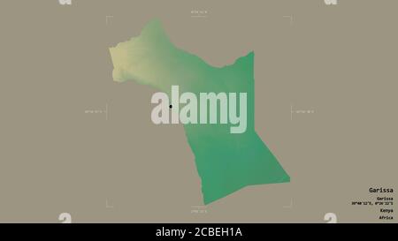 Area of Garissa, county of Kenya, isolated on a solid background in a georeferenced bounding box. Labels. Topographic relief map. 3D rendering Stock Photo