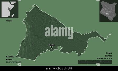 Shape of Kiambu, county of Kenya, and its capital. Distance scale, previews and labels. Colored elevation map. 3D rendering Stock Photo