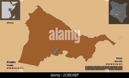 Shape of Kiambu, county of Kenya, and its capital. Distance scale, previews and labels. Composition of patterned textures. 3D rendering Stock Photo