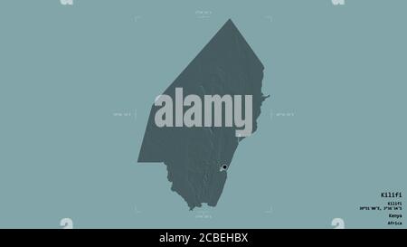 Area of Kilifi, county of Kenya, isolated on a solid background in a georeferenced bounding box. Labels. Colored elevation map. 3D rendering Stock Photo